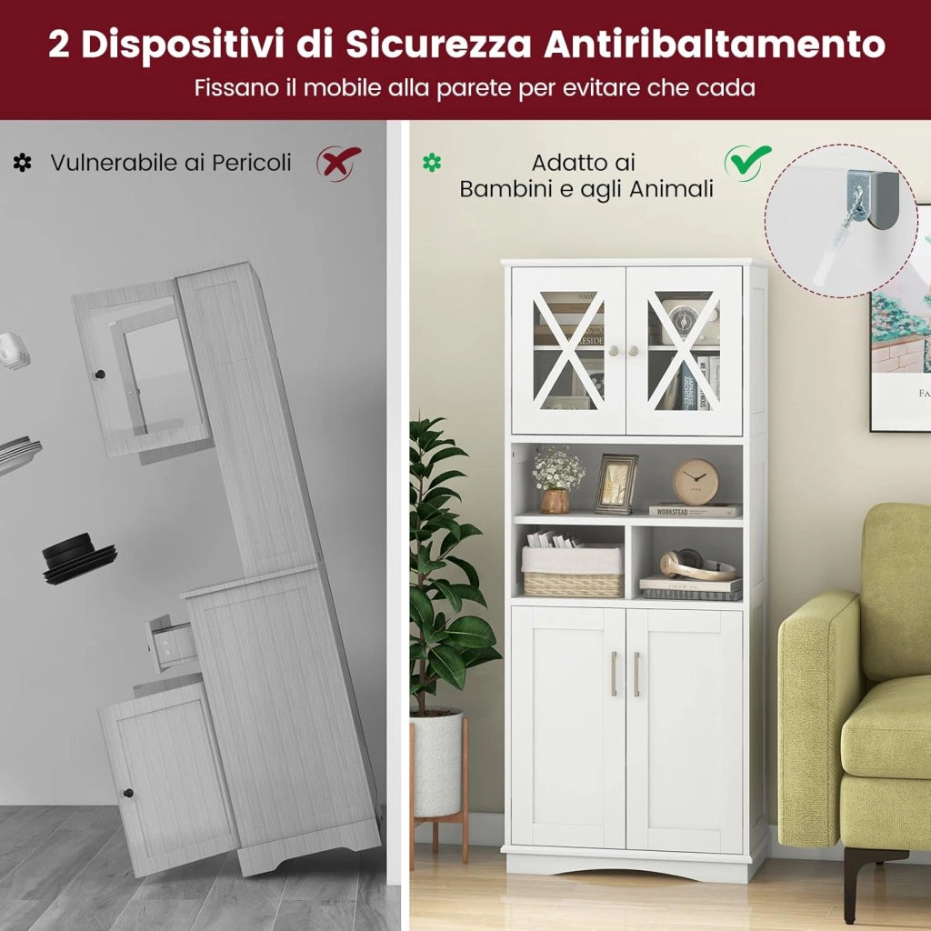 Mobile Bagno, Armadietto Salvaspazio con Porte in Acrilico, Ripiani Regolabili e Ampio Scomparto, Armadio da Terra in Legno per Soggiorno, Camera da Letto, Salotto e Cucina (Bianco)