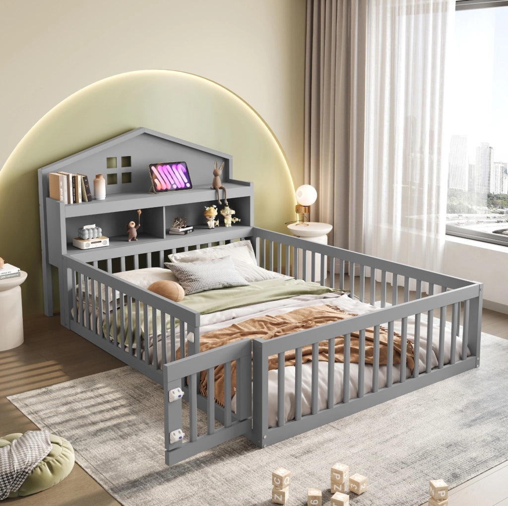 Letto per bambini a forma di casa 140x200 cm in legno massello grigio; con contenitore e rete a doghe