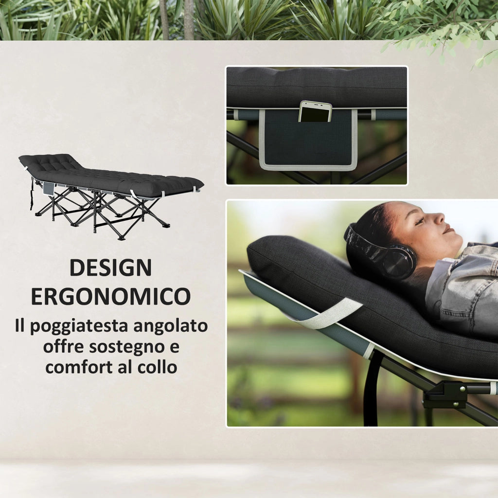 Lettino da Campeggio Pieghevole 196x68x37 cm con Poggiatesta Inclinato e Materasso Rimovibile Nero