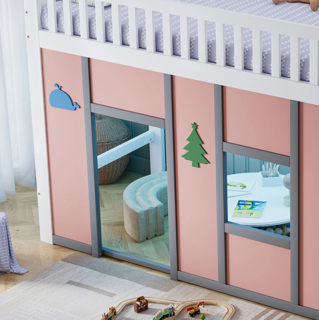Letto a soppalco ULEVR 90x200 cm bianco e rosa con scala contenitore, LED e area gioco