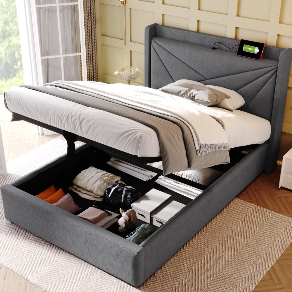 Letto singolo contenitore 90x200 cm grigio con USB-C e materasso