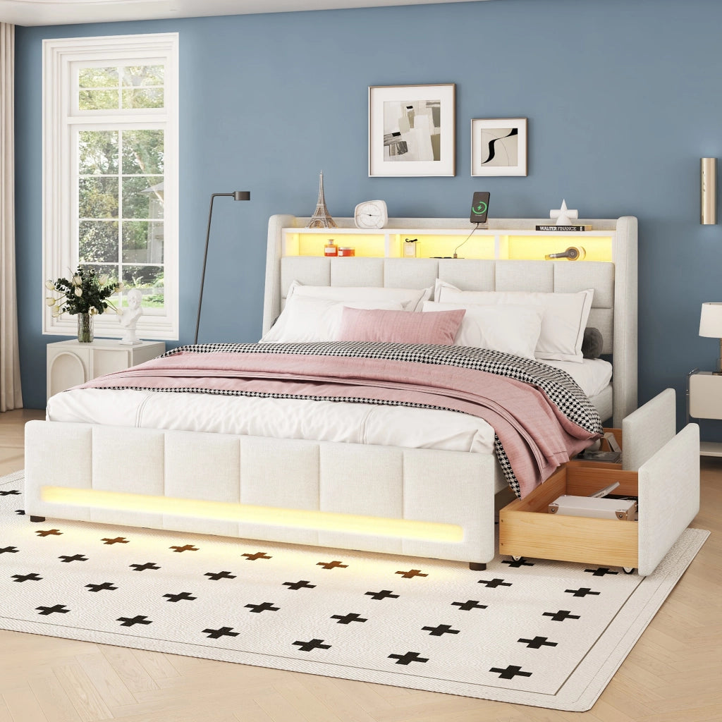 Letto con Cassetti Letto Matrimoniale; USB; LED Regolabile e Vano Contenitore 140×200 cm; senza Materasso