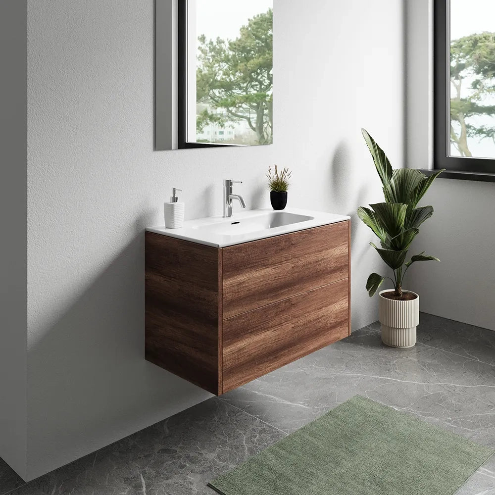 Mobile bagno sospeso 100cm due cassetti apertura push&pull rovere barok con lavabo | Galdor
