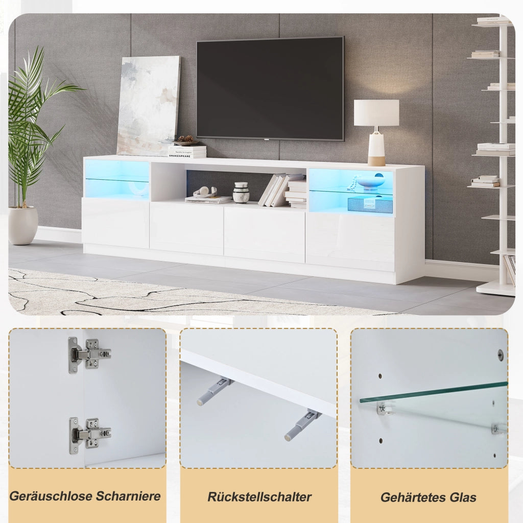 Mobile porta TV con LED, 4 ante e 8 vani contenitore, per soggiorno, in truciolato bianco lucido, 180 × 35 × 60 cm