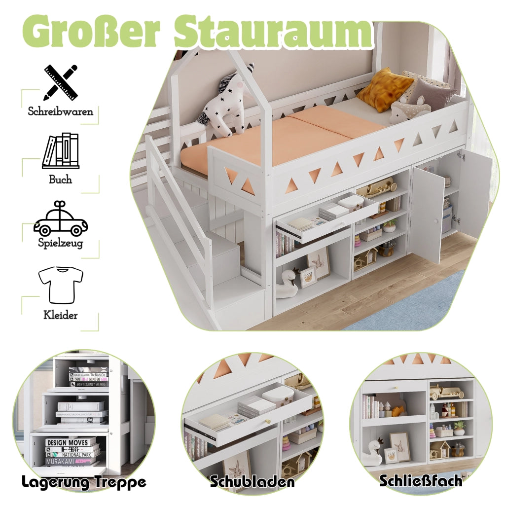 Letto per bambini 90 × 200 cm con scivolo e scala, 2 cassetti e armadietti, senza materasso, in legno massiccio bianco