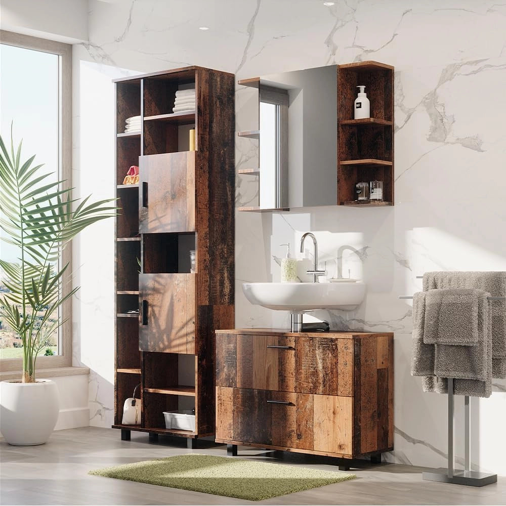 Set di mobili da bagno Ilias, Rovere rustico, 80.2 cm, composto da mobile sottolavabo, specchiera e colonna alta