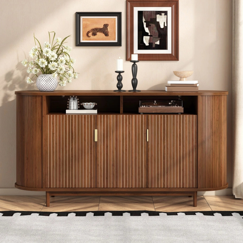 Credenza, mobile da ingresso, armadio a 3 ante, effetto legno, MDF, gambe in legno, colore noce
