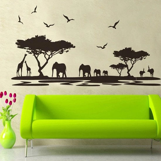 XXL Muursticker SAVANNE Zwart (160x75 cm) con Immagine di Africa Safari Animali Elefante Giraffa Paesaggio Skyline I Muursticker per Salone Zwart Decorazione Cucina Grande