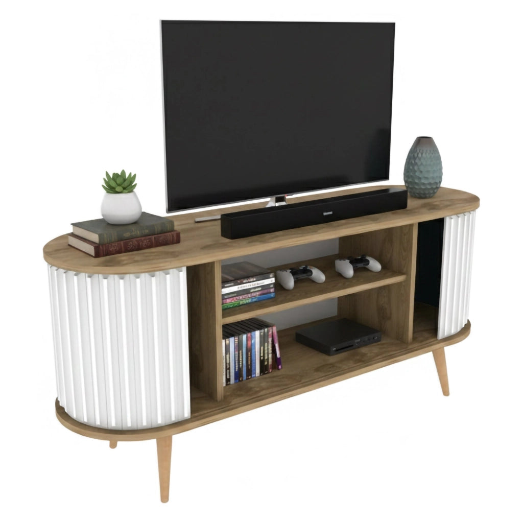 Mobile porta TV Bailu, Credenza da soggiorno, Armadio basso per TV, Base parete attrezzata, 140x43h64 cm, Quercia e Bianco