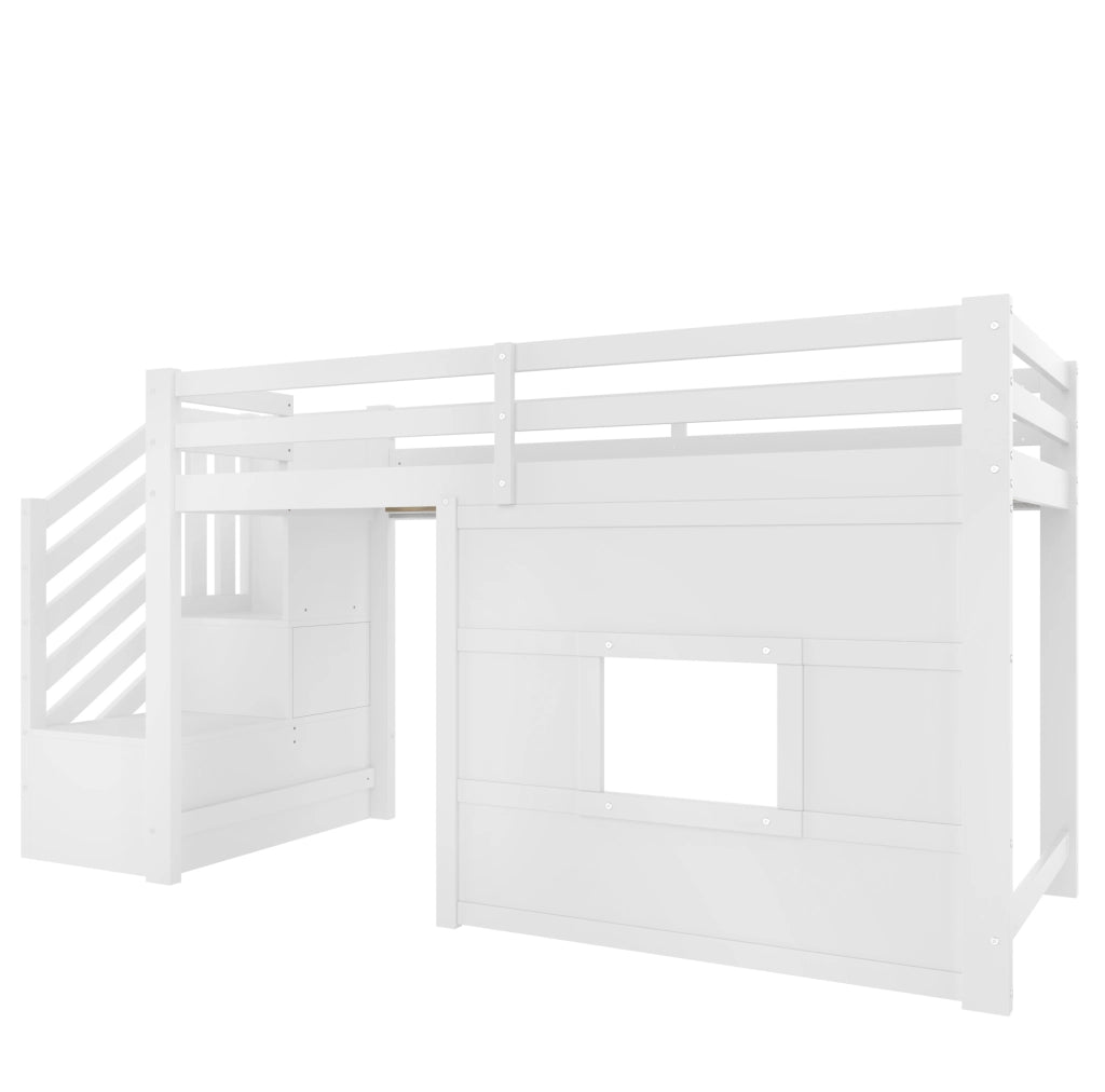 Letto a soppalco 90x200 cm bianco con scala contenitore e finestra