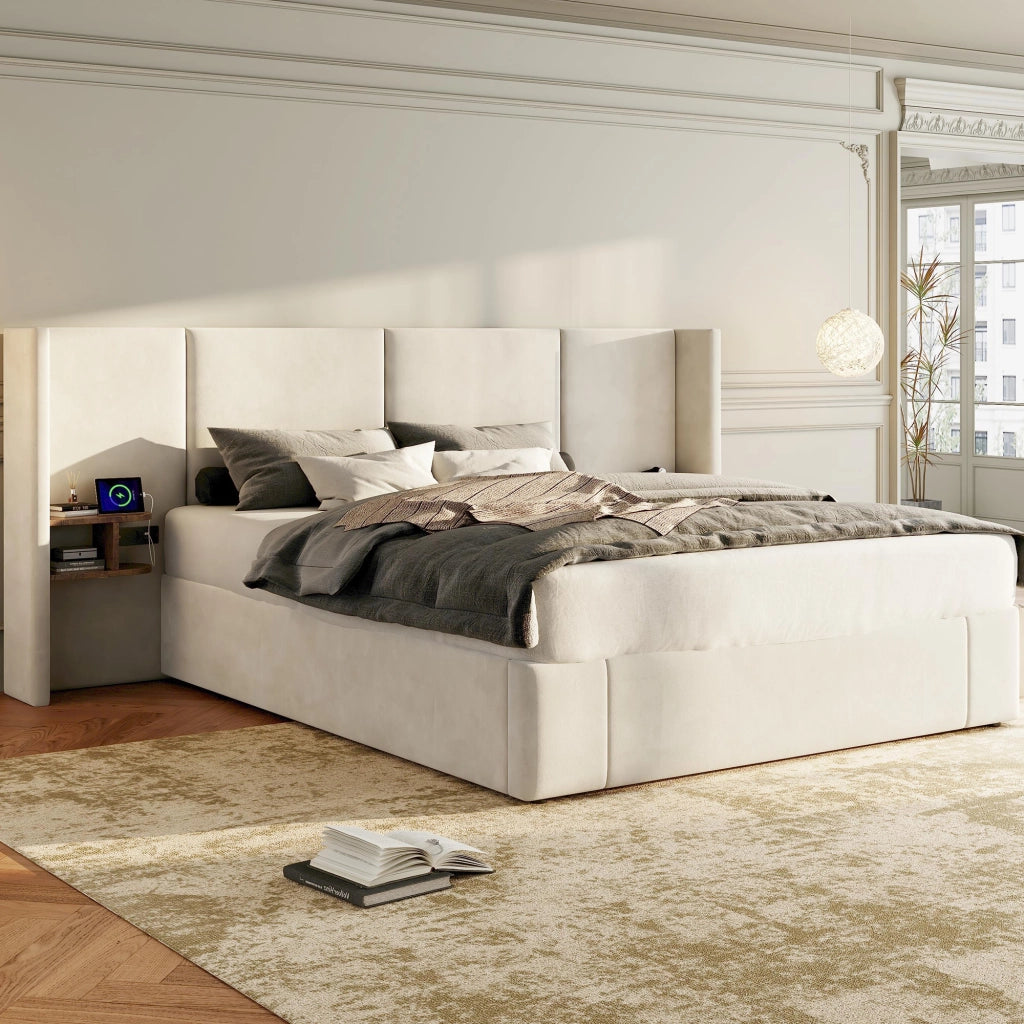 Letto imbottito 160x200 cm in velluto beige con contenitore idraulico, 2 comodini, USB e prese, rete a doghe