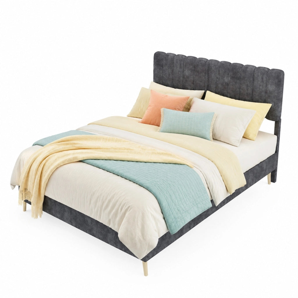 Letto imbottito 140x200 cm in tessuto e metallo; grigio