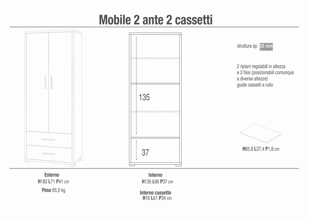 Armadio mobile 2 ante con 2 cassetti 71x41x182H cm in kit dal design elegante colore Ossido bianco e Noce Stelvio