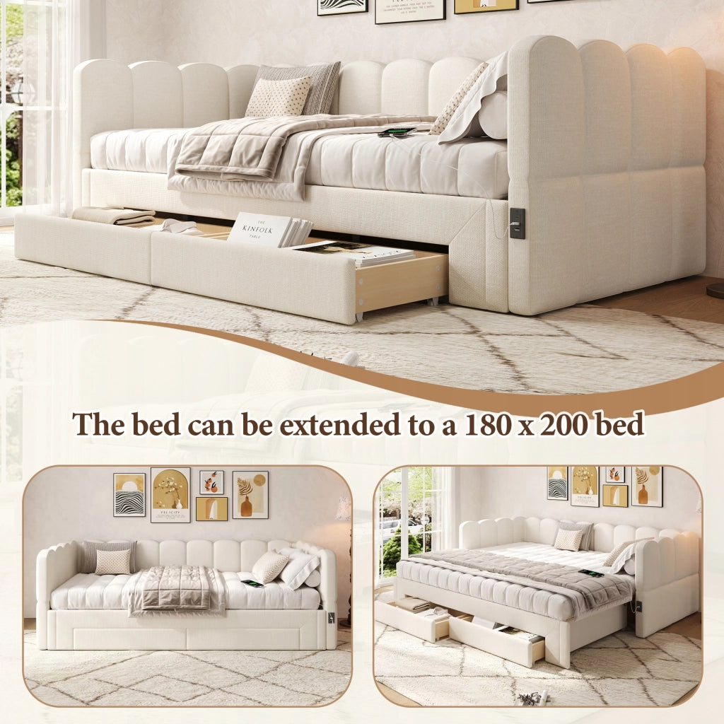 Letto a scomparsa imbottito 90x200 - Xylo - 2 cassetti USB beige