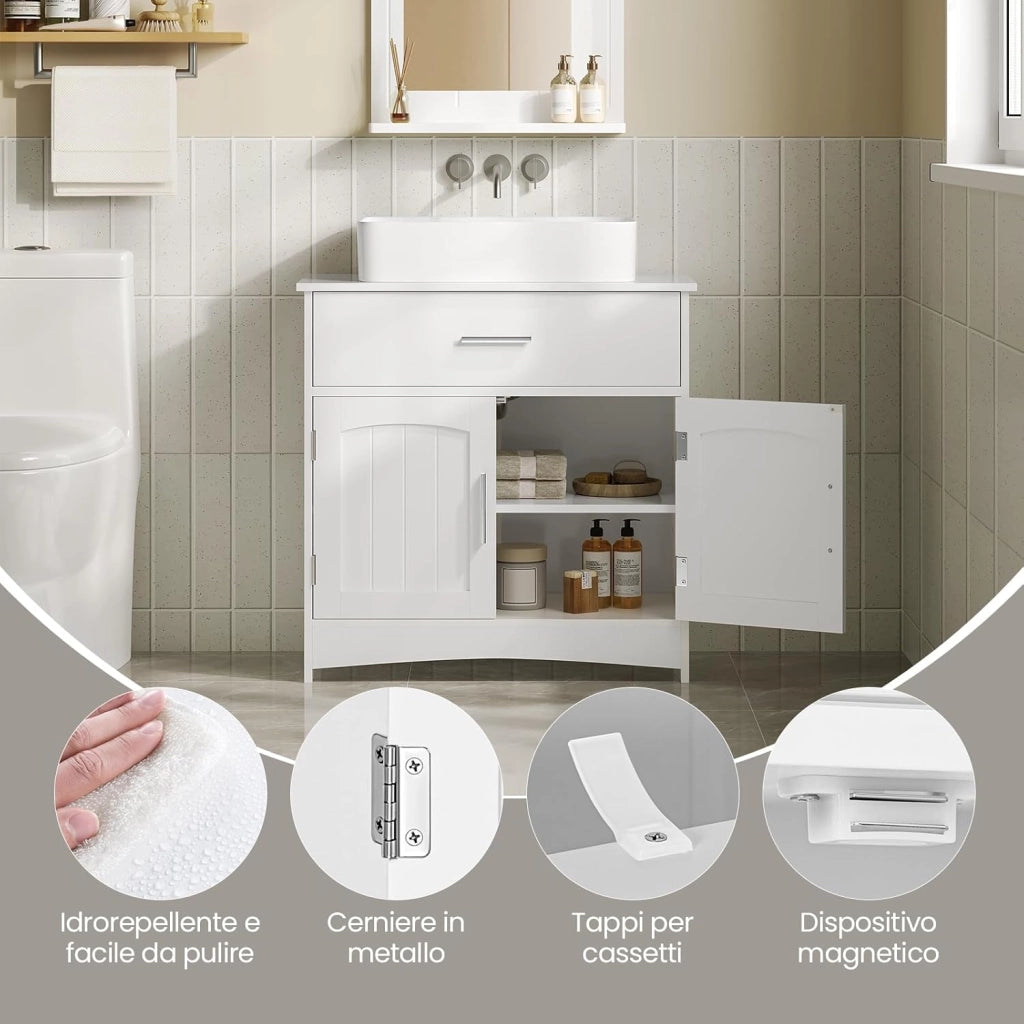 Mobiletto da bagno, mobiletto per vanità, mobiletto da bagno bianco con cassetti, ripiano regolabile, mobiletto per lavabo in piedi, MDF, 60x30x60 cm