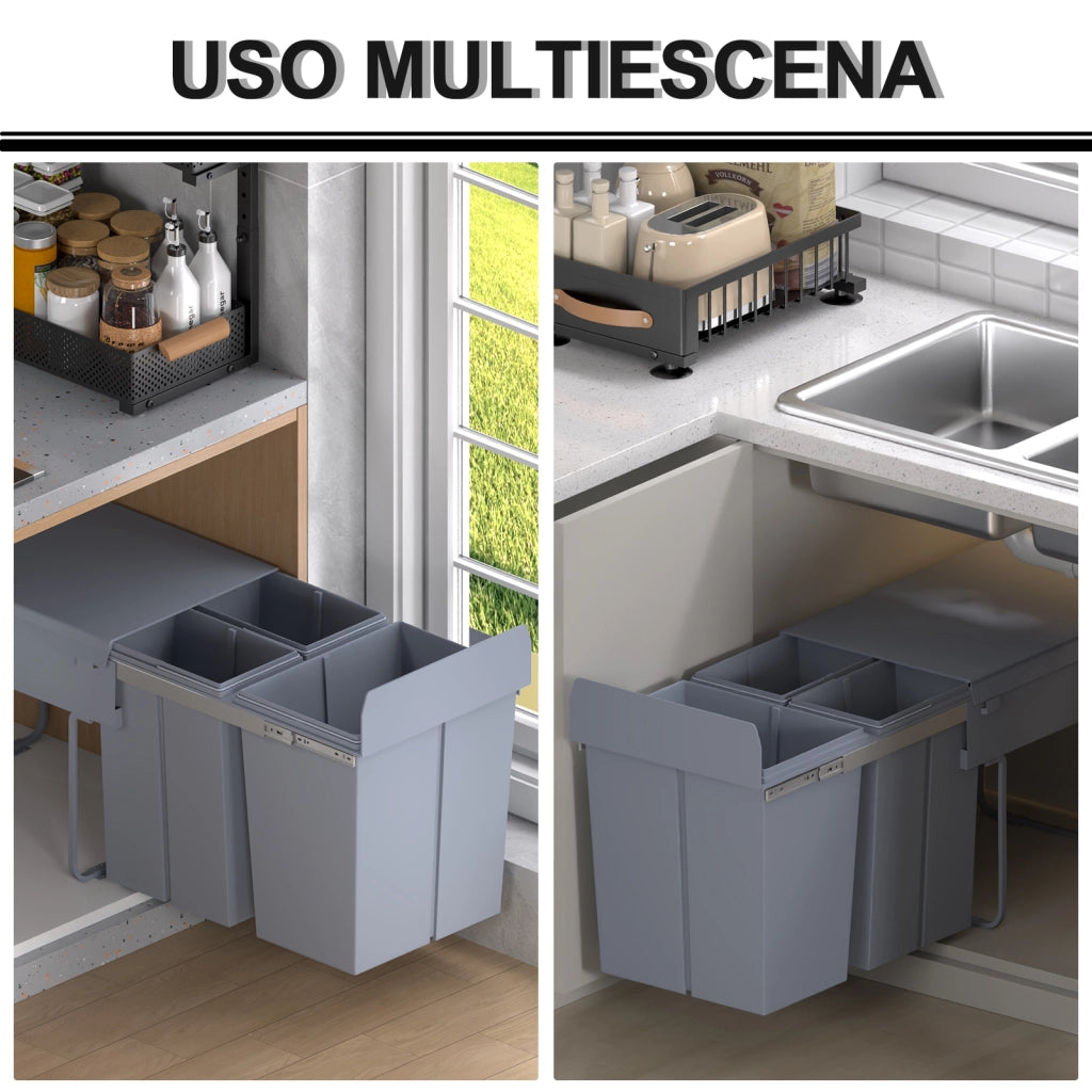 Mobile Sottolavabo con 3 Contenitori Riciclaggio ¨C Zephmum ¨C Grigio 48x34,2x41,8 cm