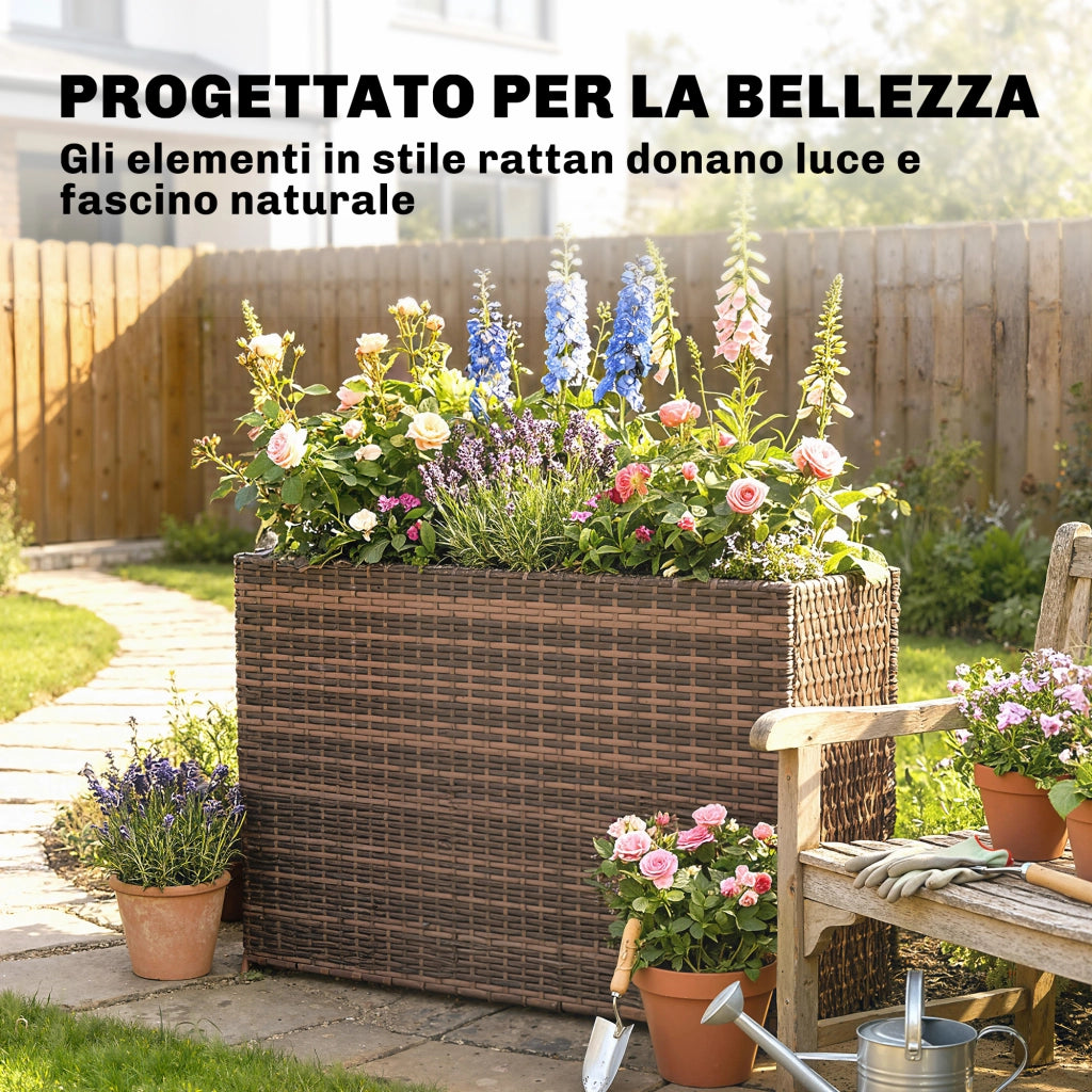 Letto per Orto Rialzato da Esterno 45L in Rattan, con Fori di Drenaggio e Piedini Regolabili, Marrone