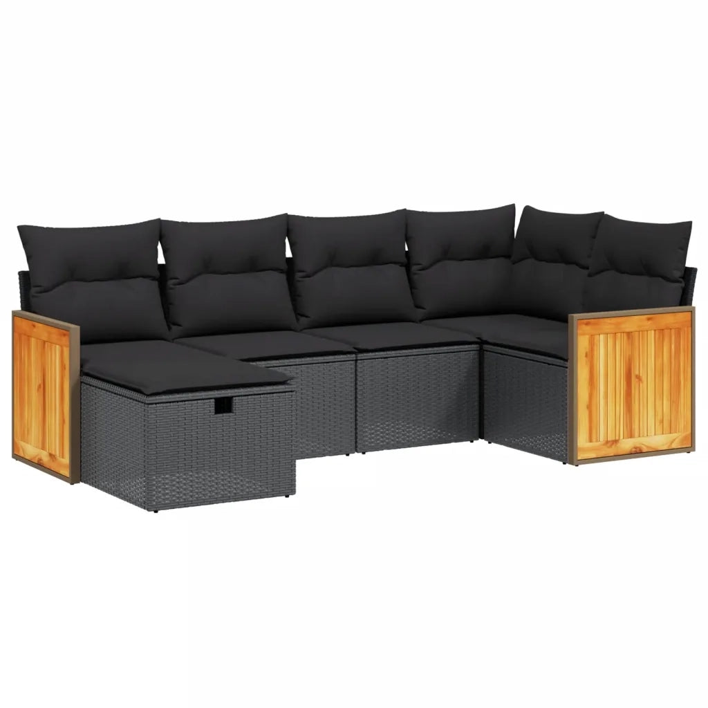 Set Divano da Giardino 6 pz con Cuscini Nero in Polyrattan