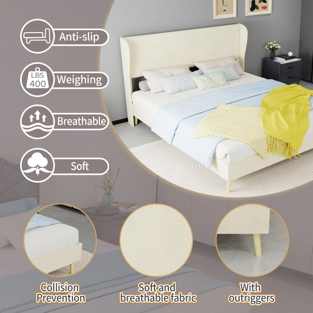 Letto matrimoniale imbottito 160x200 cm con testiera morbida; beige e struttura moderna