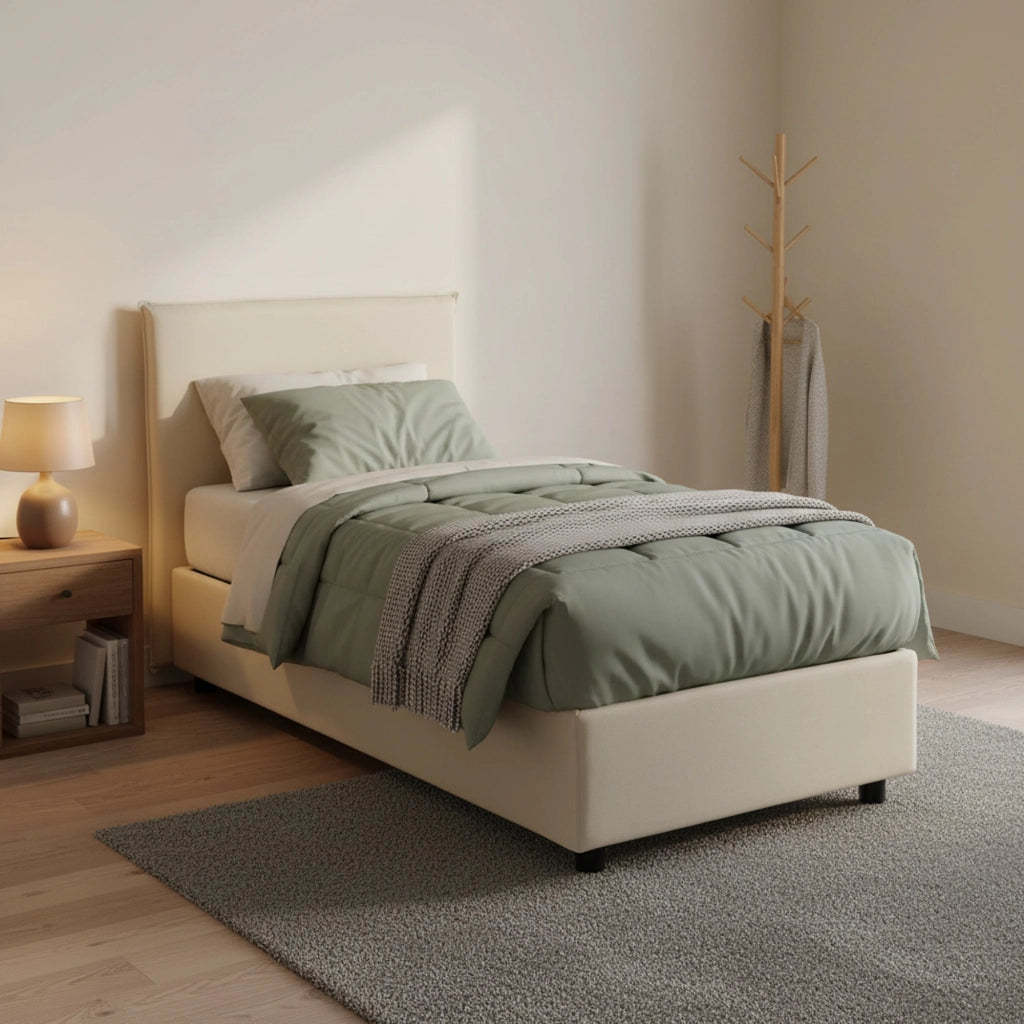 Letto singolo Shana, Letto contenitore con rivestimento in tessuto, Made in Italy, Apertura frontale, adatto per materasso cm 80x200, Beige