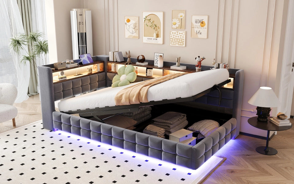 Divano letto ULEVR 90x200 cm in velluto grigio con contenitore idraulico, LED, prese USB e ripiani