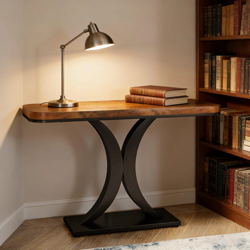 Consolle con piano effetto legno e base in metallo, stile industriale, per ingresso e soggiorno, 100 × 29,5 cm