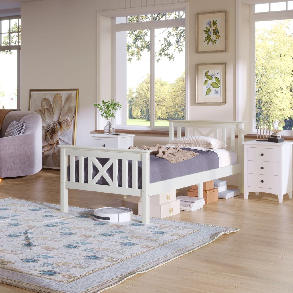 Letto singolo in legno massello bianco 90x200 cm con testiera a X e rete a doghe
