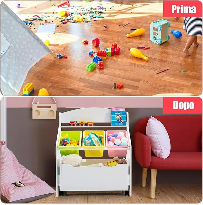Scaffale Libreria per Bambini, Mobile Portalibri con Contenitori e Cassetti, 76 x 38 x 63,5 cm (Bianco)