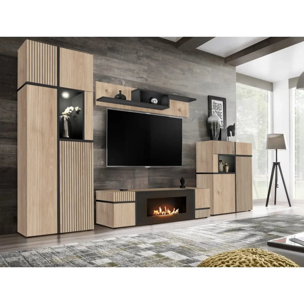 Vetrina CRISS – Legno e metallo – Rovere chiaro e nero – Con LED