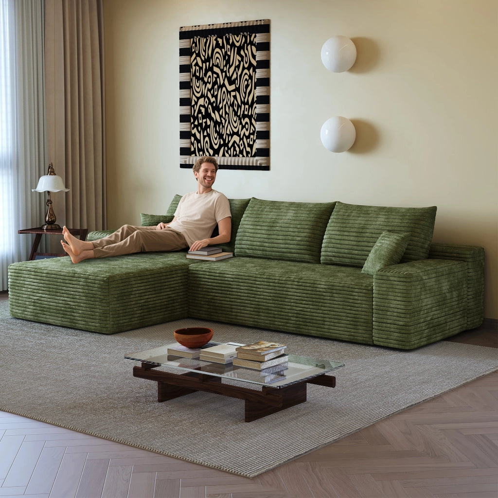 Divano ad angolo modulare con chaise longue a L e schiuma elastica, senza montaggio, in tessuto a coste verde 270 cm