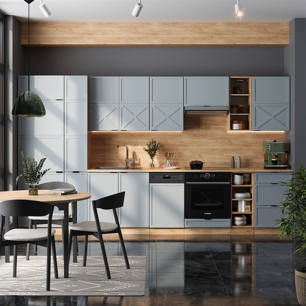 Cucina componibile Fame-Line Blu-grigio chiaro/Rovere dorato 355 cm, PL Antracite Vicco