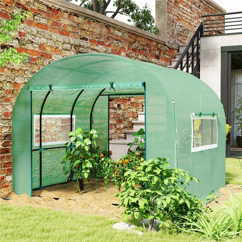 SERRA A TUNNEL PER ORTO 3X3X2 M IN ACCIAIO E PE ANTI UV CON PORTE AVVOLGIBILI E FINESTRE, VERDE