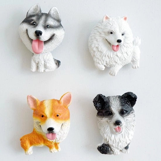 Magneetti divertenti per cani da appiccicare in frigorifero, 4-pack. Magnetici 3D divertenti, decorativi per la cucina, ufficio, classe, husky, samoiedo, border collie, corgi per amanti di cani.