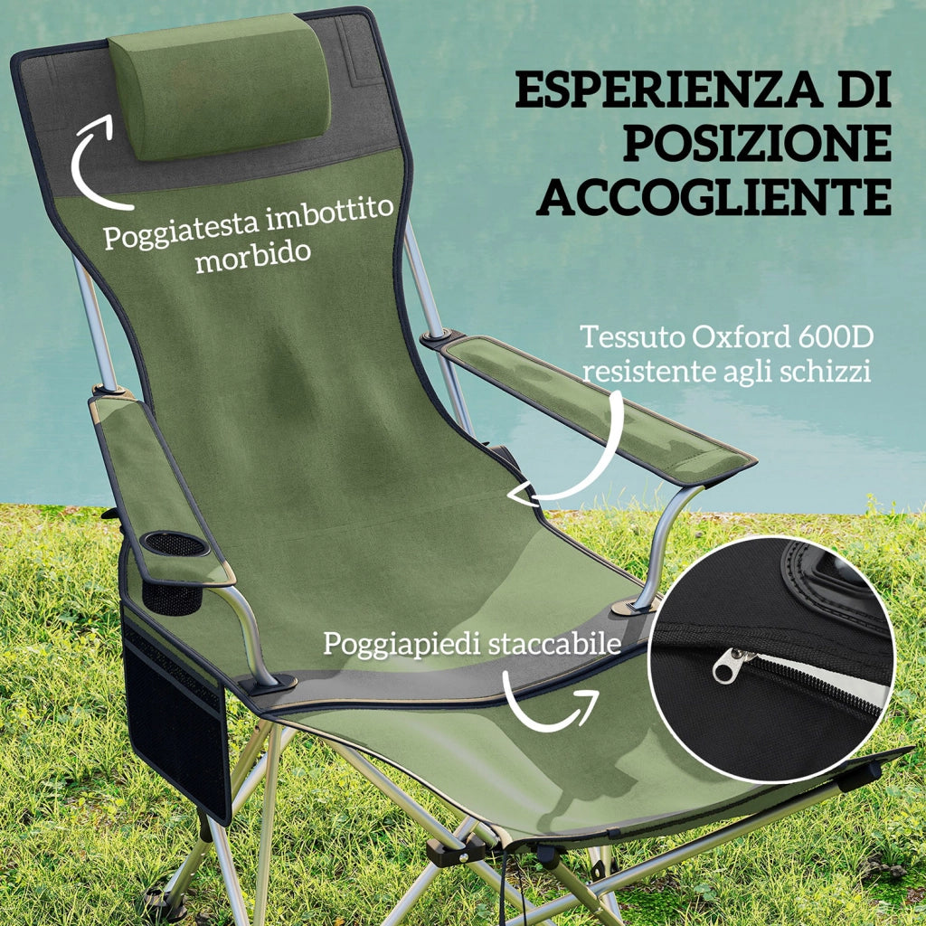 Set 2 Sedie da Campeggio 82x50-100x88 cm Pieghevoli con Poggiapiedi e Portabicchieri in Tessuto Oxford Verde