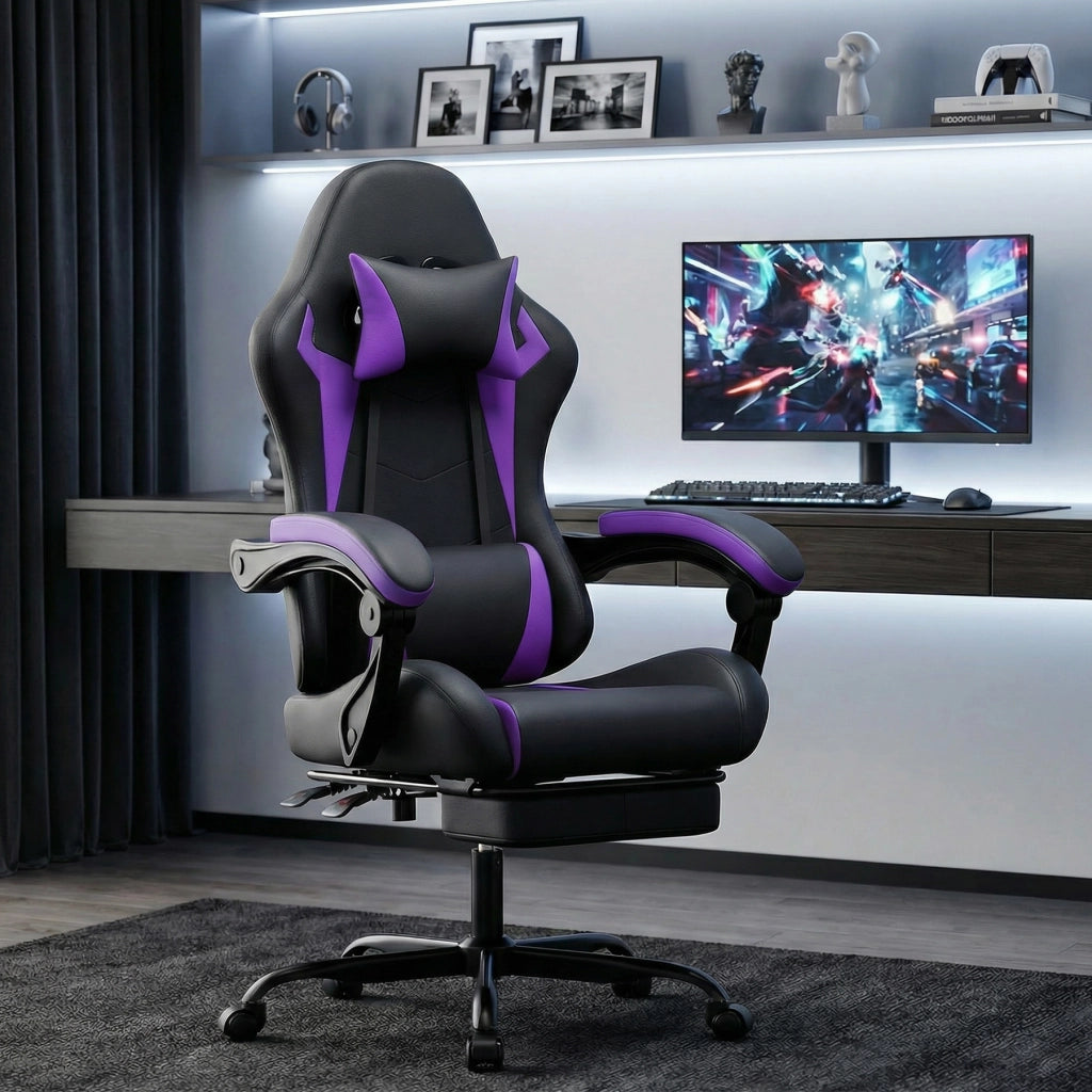 Sedia gaming ergonomica con poggiatesta supporto lombare e poggiapiedi retrattile altezza regolabile in PVC viola e nero