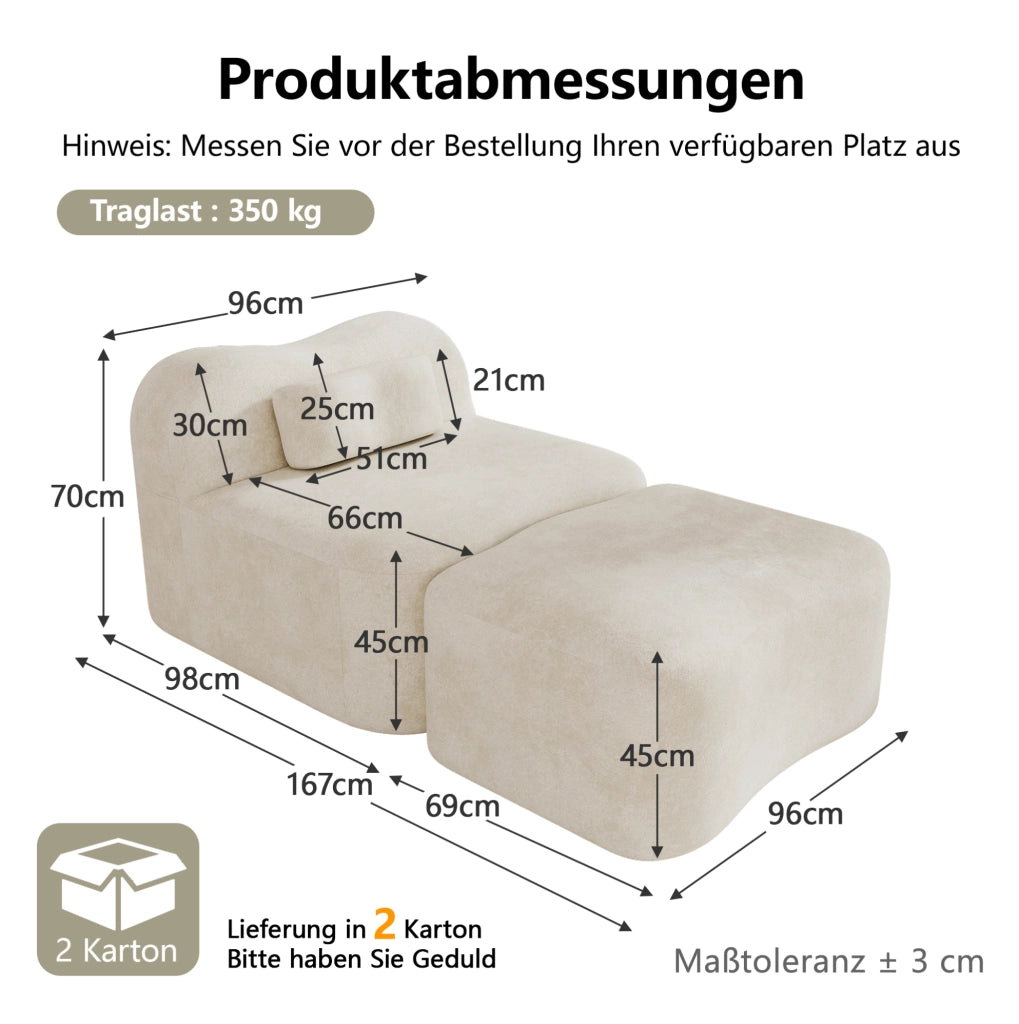 Divano modulare con ottomana 167x96x70 cm in velluto beige, senza montaggio –