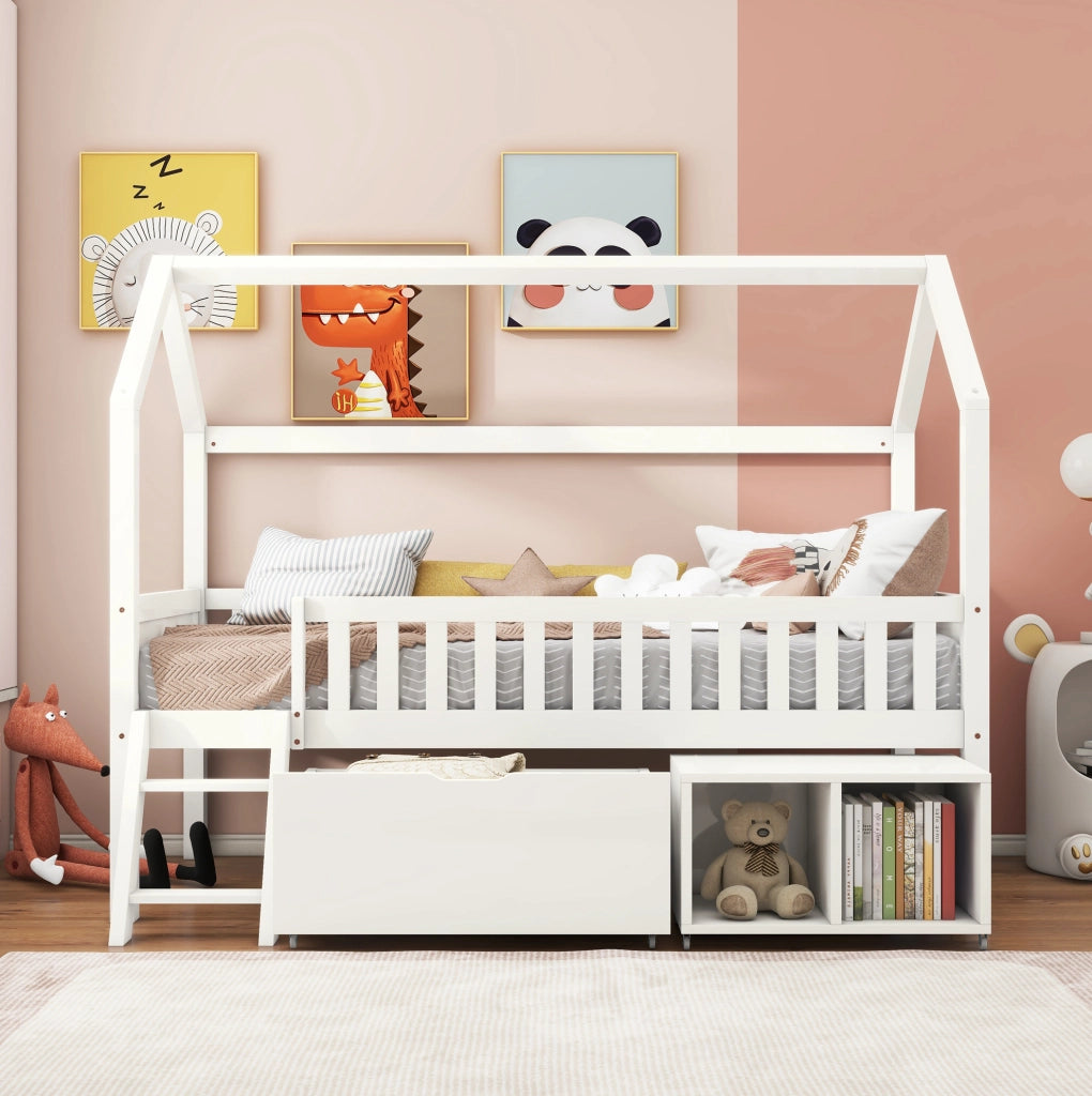 Letto a casetta 90 x 200 cm bianco in legno di pino con cassetti