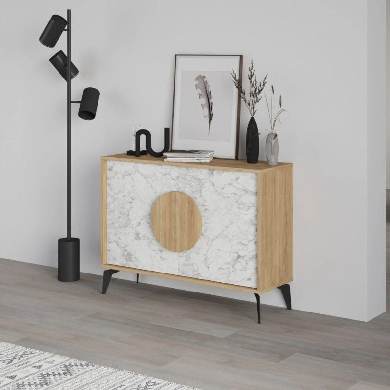 Madia Gora 110 cm struttura colore rovere con ante carrara effetto marmo bianco