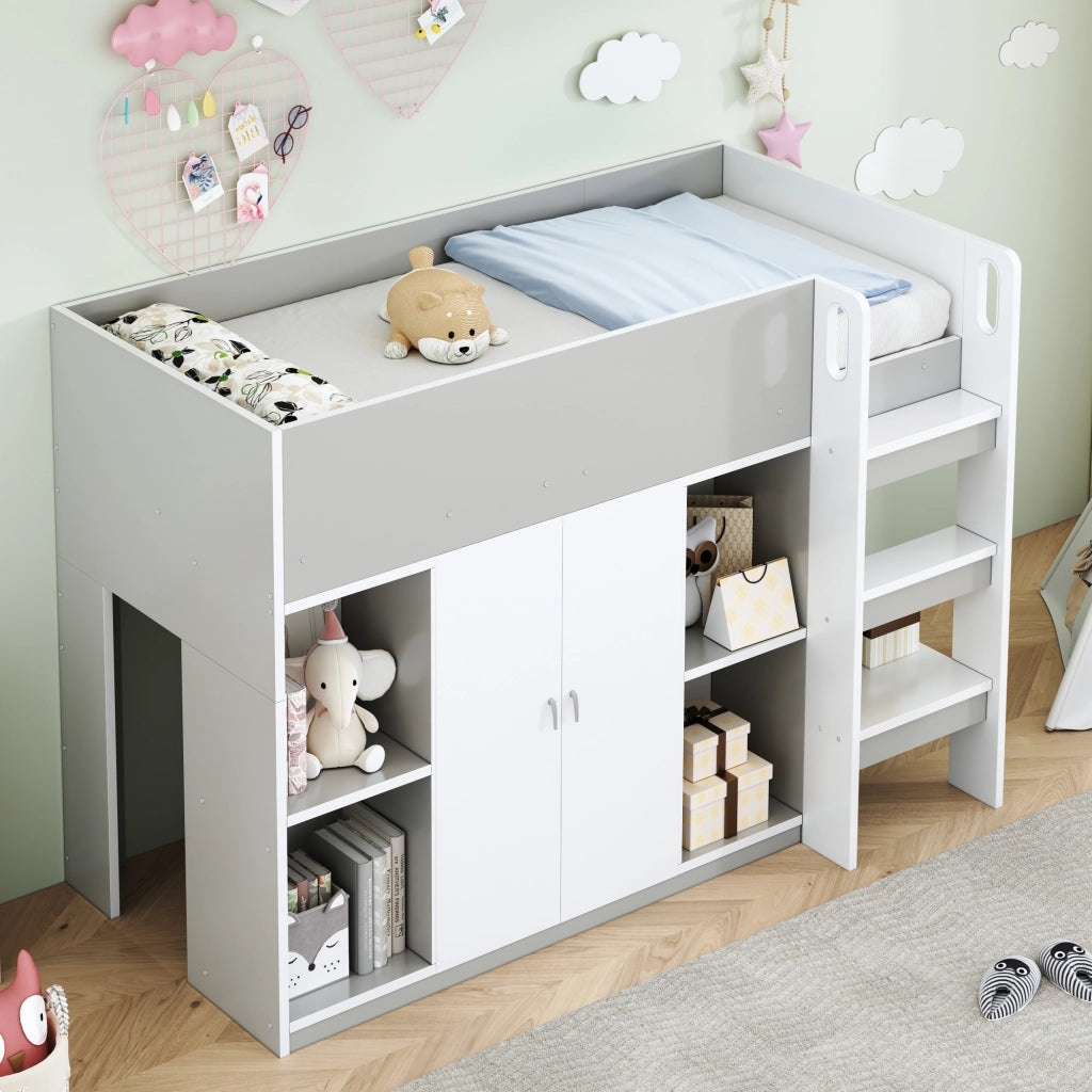 Letto a Soppalco Singolo con Armadio; Scaffali e Scala 90 x 200 cm; senza Materasso; in Legno; Grigio