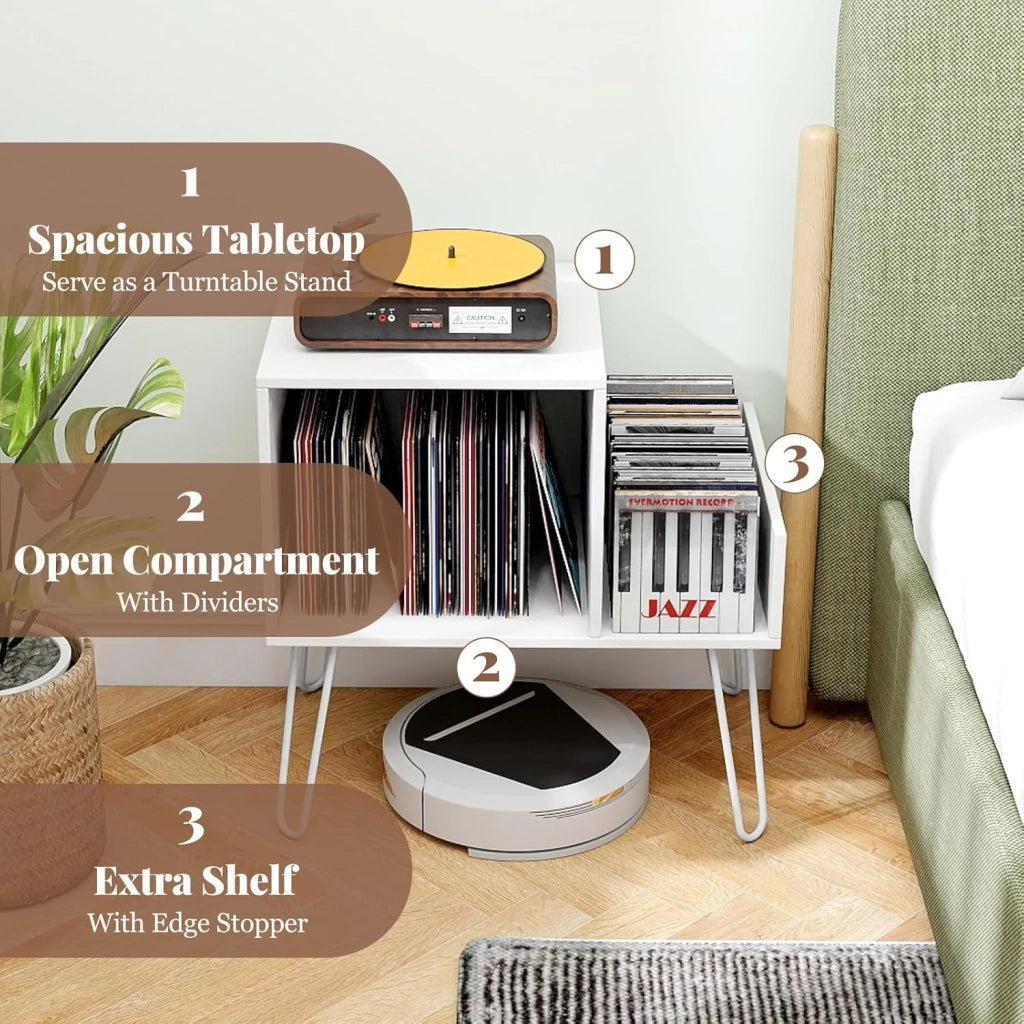 Supporto per Giradischi con Stazione di Ricarica, Porta Dischi Vinile Vintege con Pareti Divisorie e Ripiano Laterale, Espositore per Dischi in Vinile Fino a 145 Album, 66x45x67cm (Bianco)