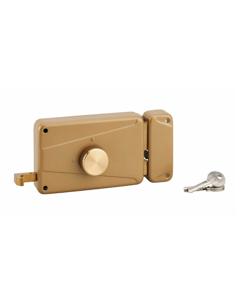 Serratura orizzontale da applicare, pomolo e tirante, destra, asse 70mm, 140x90mm, marrone, 3 chiavi - THIRARD
