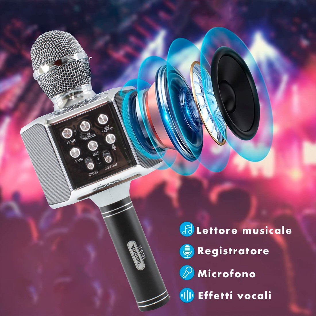 Microfono Karaoke Wireless con Luci Led Registra Canta e Riproduce Musica Nero