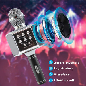 Microfono Karaoke Wireless con Luci Led Registra Canta e Riproduce Musica Nero