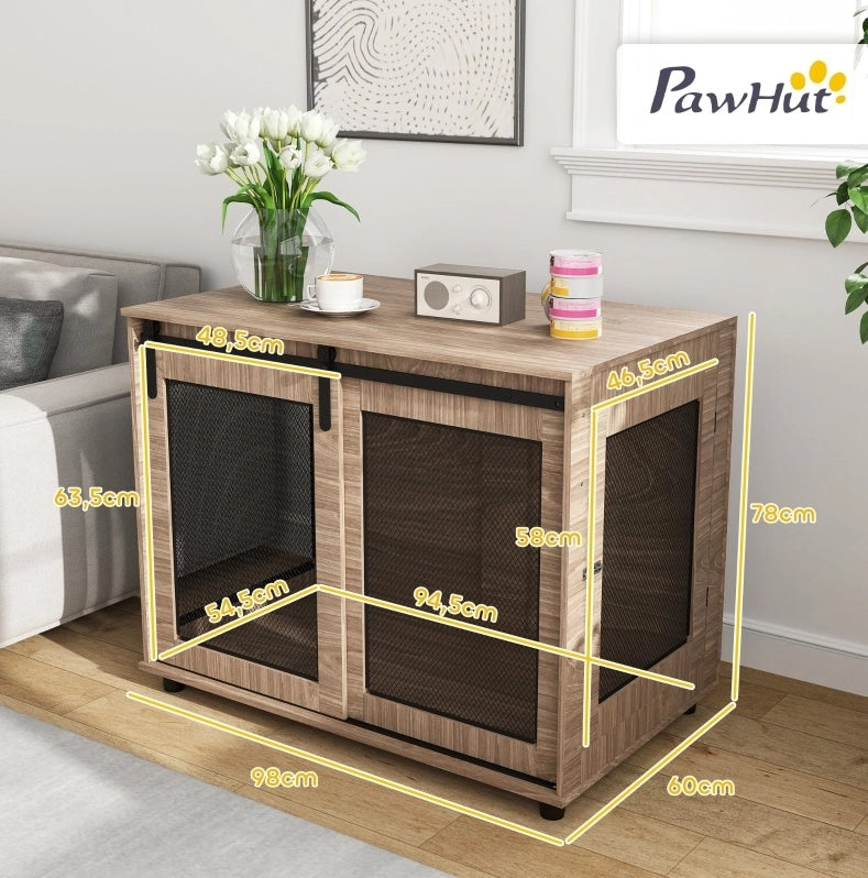 Gabbia per cani 98x60x78 cm con porta scorrevole in legno noce