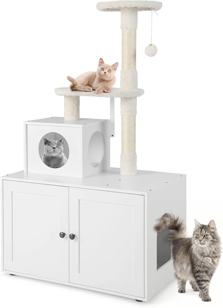 Tiragraffi per Gatti Adulti, Tiragraffi per Gatti con Cuccia, Piattaforma, Cuscini e Tiragraffi, Albero Tiragraffi per Gatti Grandi Alto in Legno, 77,5 x 49 x 132 cm