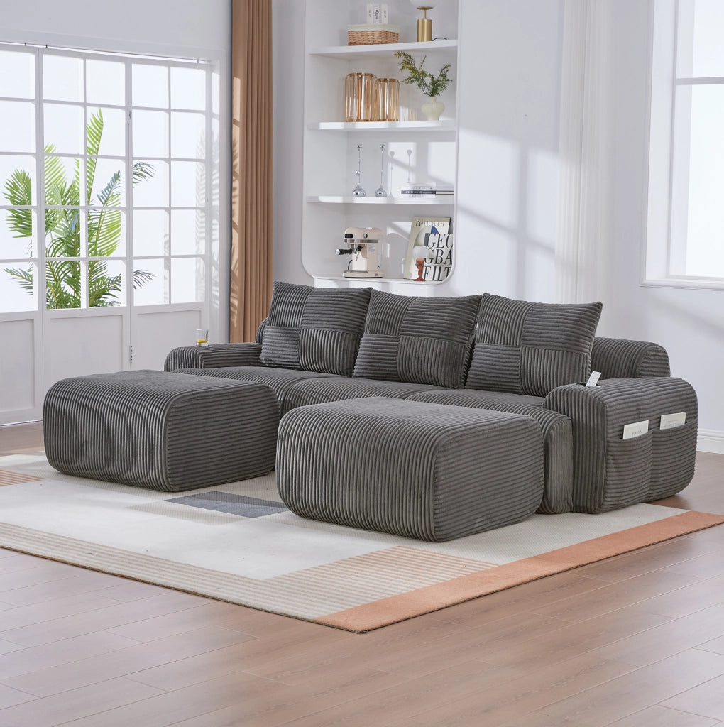 Divano modulare a 3 posti in corduroy con portabicchieri e tasca laterale; grigio scuro 268x174x66 cm