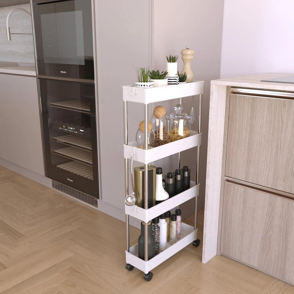 Carrello Portaoggetti A 4 Ripiani Mobile Salvaspazio In Plastica Con Ruote Struttura In Acciaio Per Spazi Ridotti Cucina Bagno Lavanderia Camera Da Letto Salotto Studio 40 x 13 x 85 Cm (Bianco)