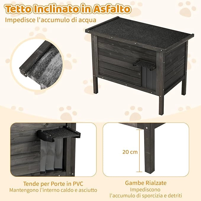 Cuccia Gatto Esterno Inverno 88 x 55 x 71 cm, Casetta Gatti Calda in Legno con Isolamento in Schiuma, Tetto Apribile in Asphalt e Porta, Rifugio termica per Gatti Multipli (Nero)