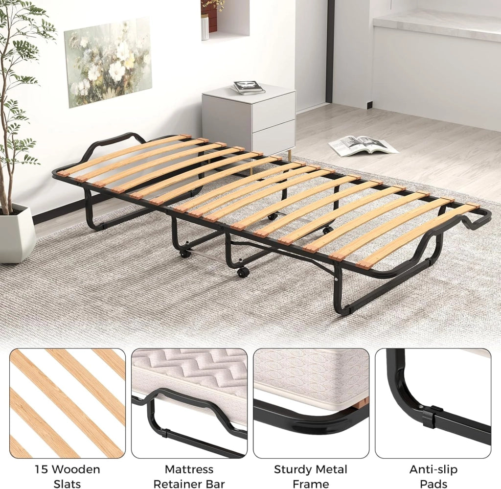 Letto Pieghevole 80x200 cm, Lettino Pieghevole per Gli Ospiti con 4 Ruote, Sgabello e Bracci, Letto da Viaggio per Adulti con Memory Foam, Doppia Sedia a Doghe, Made in Italy