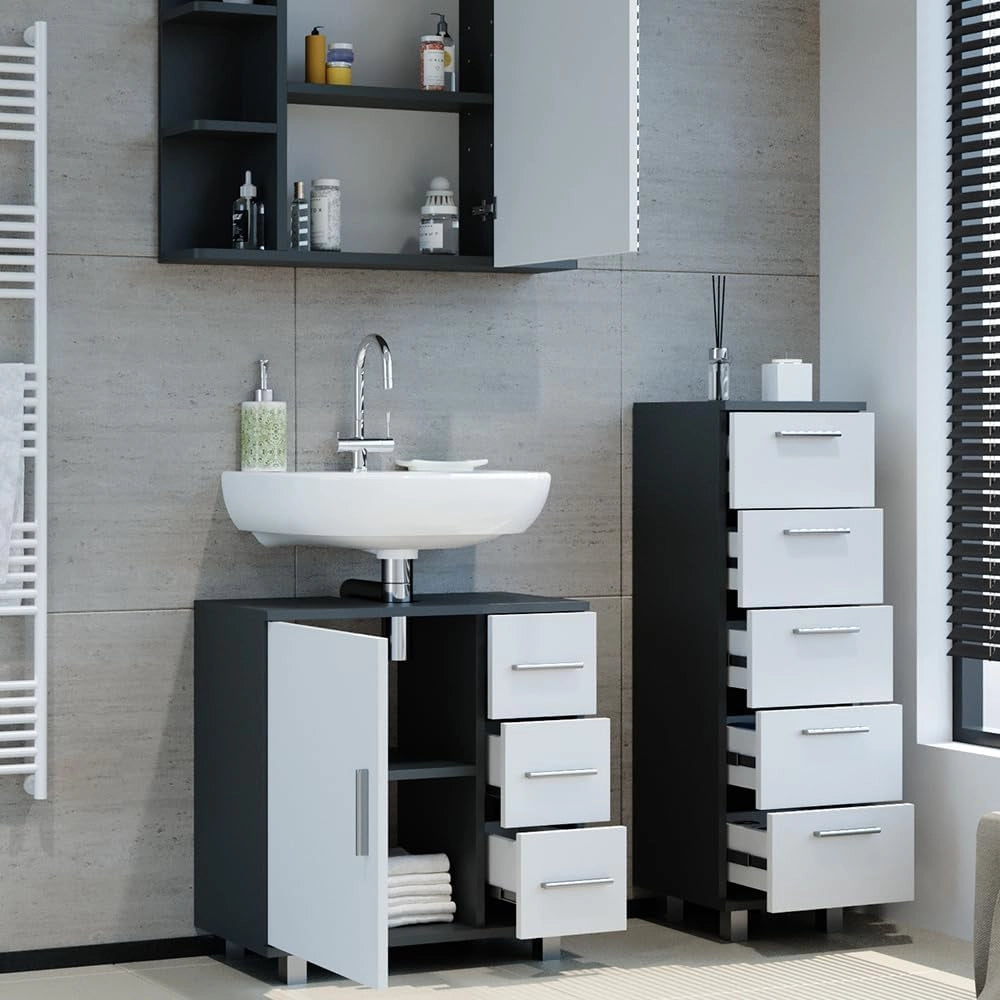 Set mobili bagno Ilias, Antracite, 60 cm, composto da mobile sottolavabo, specchiera e mobile medio